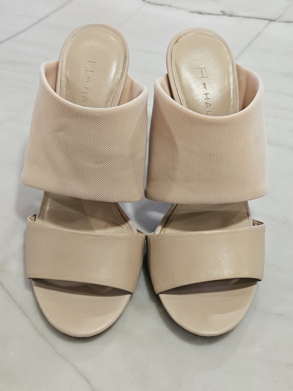 H by Halston Nude Leather Stretch Rib Knit Stiletto Heels Sandals 6.5